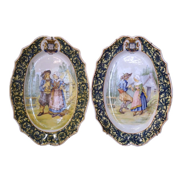Pair 19th Century French Painted Faience Porquier Beau Quimper Wall Platters For Sale