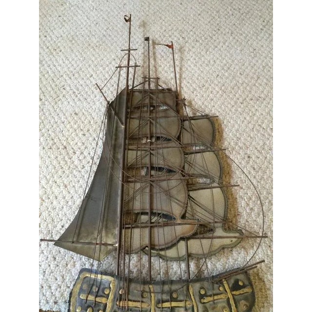 Large Brutalist Mid Century Ship Wall Sculpture. Mixed torch cut metals with painted accents. CONDITION Excellent WEAR...