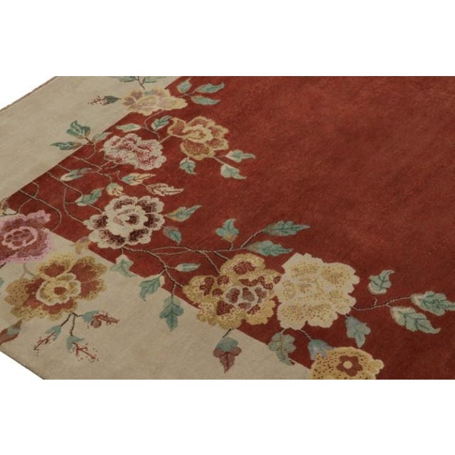 2010s Rug & Kilim’s Chinese Art Deco Style Rug in Red & Cream With Floral Pattern For Sale - Image 5 of 7