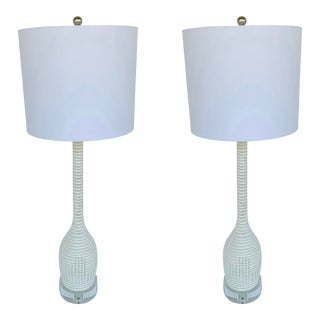 Modern White Banded Glass Table Lamps - a Pair For Sale