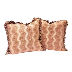 French Brocade Square Pillows With Passimenterie Fringe Trim - a Pair