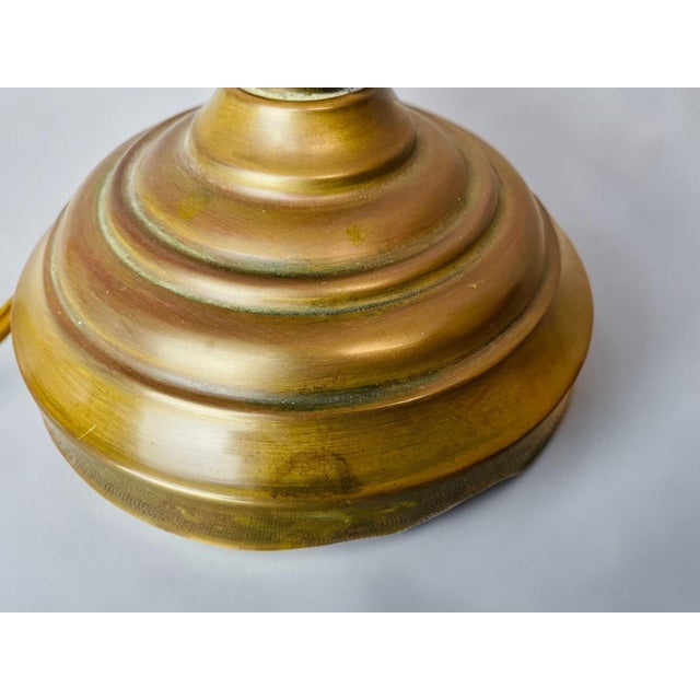 Art Nouveau Whiplash Curve Brass Tulip and Green Glass Table Lamp, 1950s For Sale - Image 12 of 14
