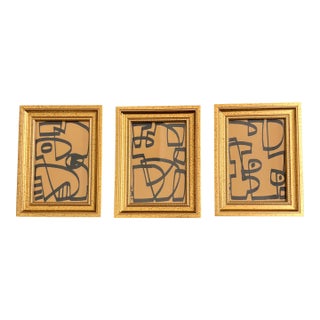 Contemporary 3 Original Wayne Cunningham Abstract Marker Drawings Tabletop Frames-Set of 3 For Sale
