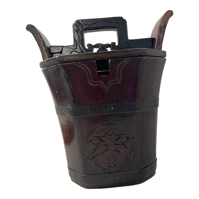 Mid-20th Century Chinese Solid Wood Carved Rice Bucket With Locking Lid For Sale