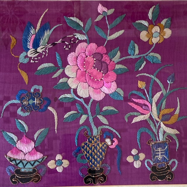 Wood Antique Qing Dynasty Silk Embroidered Textile Framed For Sale - Image 7 of 13