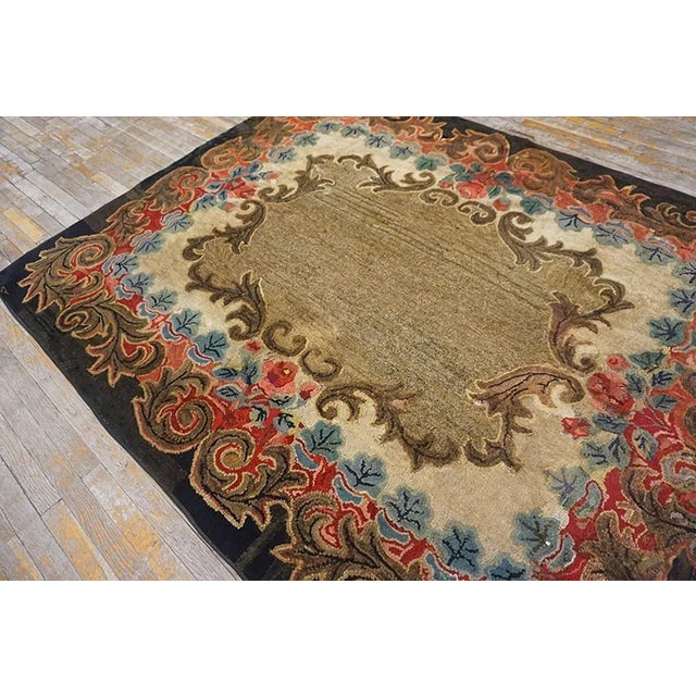 Beautiful Brown Color With Intricate Folk Art Pattern Antique American Hooked Rug For Sale - Image 10 of 12