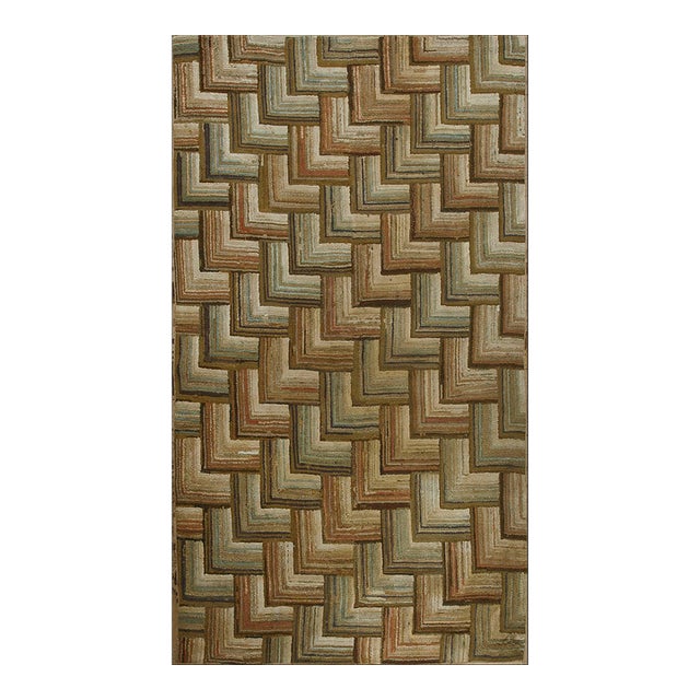 1890s Multicolor Geometric Folk Art Antique American Hooked Rug 4'3" X 7'2" Handknotted Wool Carpet For Sale