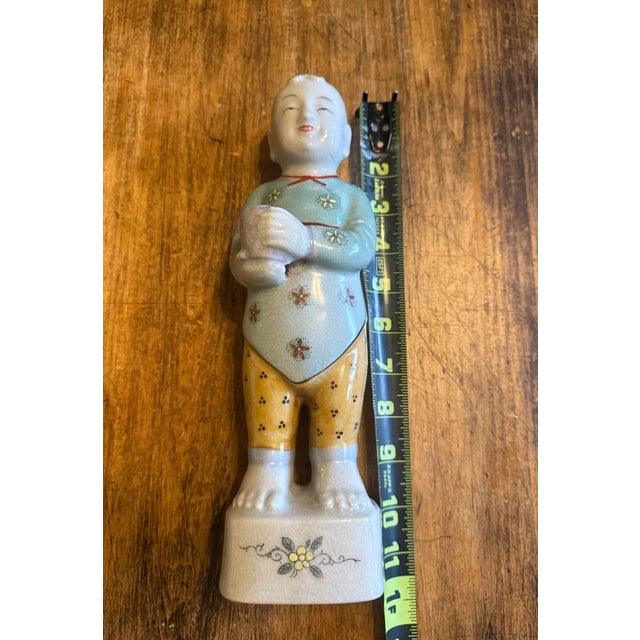 Antique Republic Period Chinese Porcelain Ho Ho Boy Figure in Wucai Glaze 12” For Sale - Image 10 of 12