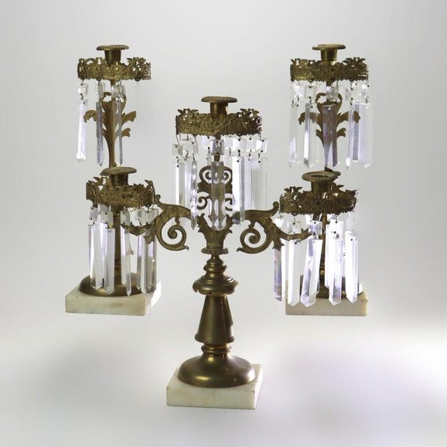 Three Piece Antique Bronze & Crystal Girandole Set With Marble Base C1900 For Sale - Image 4 of 4