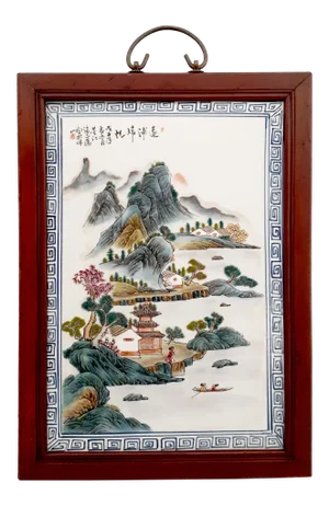 Early 20th Century Chinese Framed Porcelain Landscape Plaque by Master Zhang Zhitang