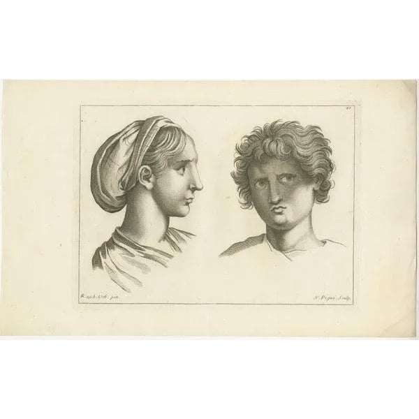 Title: "Classical Profiles: Raphael's Vision by Nicolas Pigné, 1740" This is an original engraving from 1740 by Nicolas...