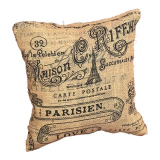 Vintage French Burlap Parisien Lumbar Pillow For Sale