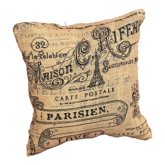 Vintage French Burlap Parisien Lumbar Pillow For Sale