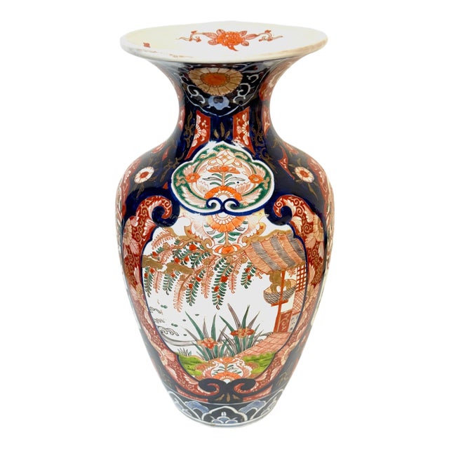 Large Meiji Period Imari Porcelain Garden Landscape Vase, Attributed to Fukagawa For Sale