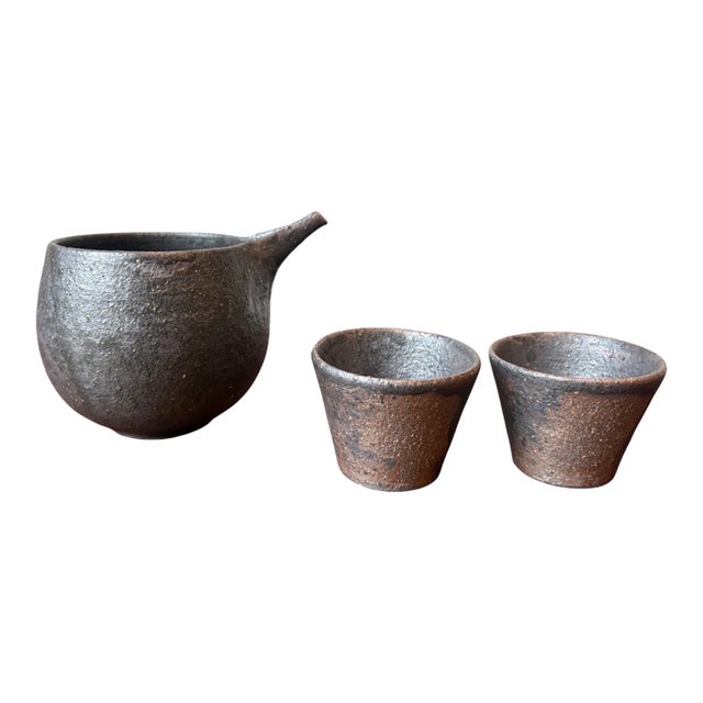 Sculptural Stoneware Pouring Vessel, Wabi-Sabi Japanese Ceramic Set For Sale