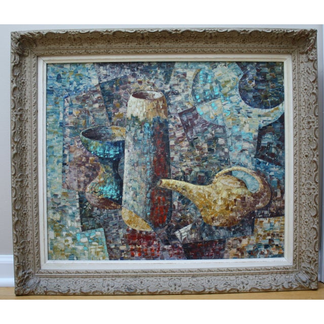 A Mid-century cubist/abstract/impressionist still life oil painting of pottery on canvas. Signed "Loren" lower right. In...