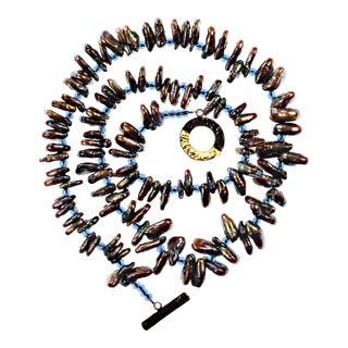 27 Inch Iridescent, Triangular Bronze-Green Pearl Necklace June Birthstone For Sale