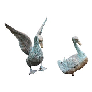 Mid 20th Century Figural Bronze Geese Standing and Seated - A Pair For Sale