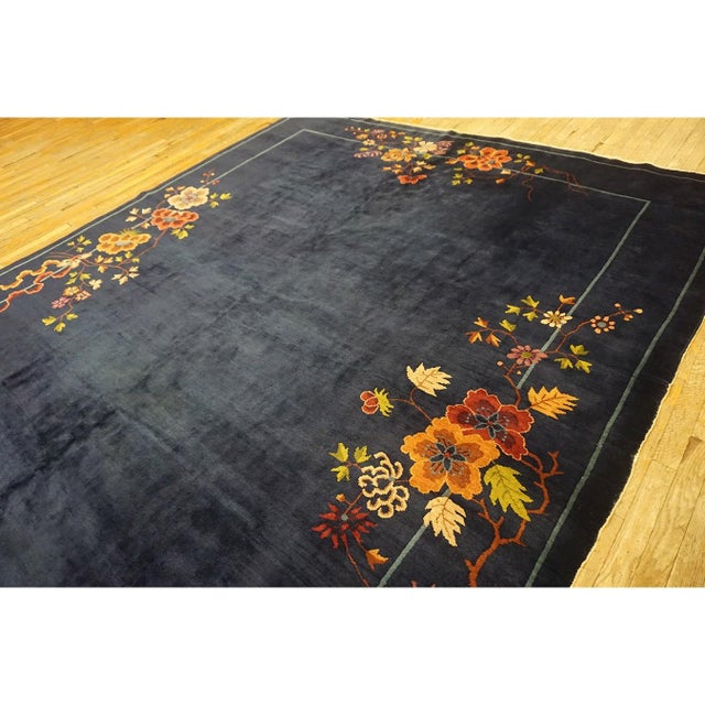 1920s Navy Field Floral Antique Chinese Art Deco Carpet 9' X 11'4" Knotted Rug For Sale - Image 9 of 9