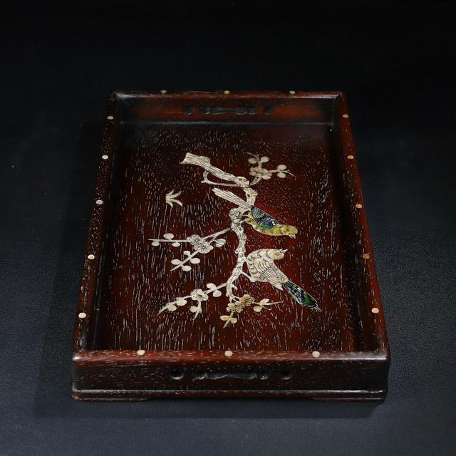 Late 20th Century Wooden Tea Tray With Mother-of-Pearl Bird and Blossom Inlay For Sale - Image 5 of 9