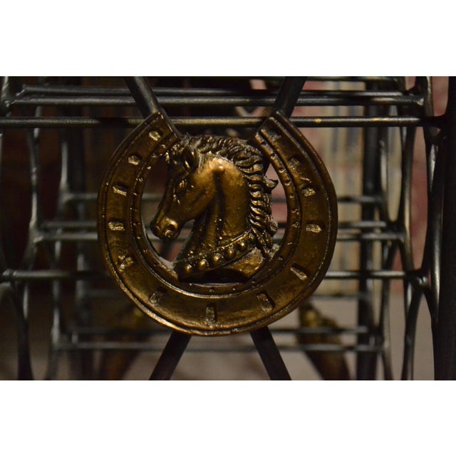 Vintage Maitland Smith Brass Bronze Horse Head Equestrian Wine Rack Leather Tray For Sale - Image 11 of 13