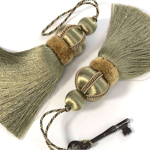 Olive Olive Green Key Tassels With Velvet & Satin Details - A Pair For Sale - Image 8 of 10