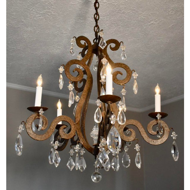French French Style Iron and Crystal Scrolled Arm Chandelier For Sale - Image 3 of 13