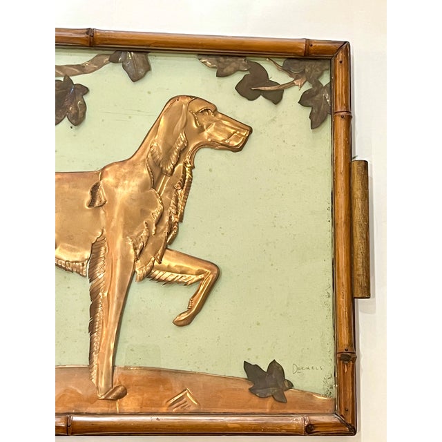 Vintage Two Handle Tray Folk Art Hammered Copper Hunting Dog in Bamboo and Glass Frame For Sale - Image 11 of 14