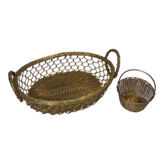 Vintage Castilian Imports Woven Brass Tabletop Baskets - Set of 2 For Sale