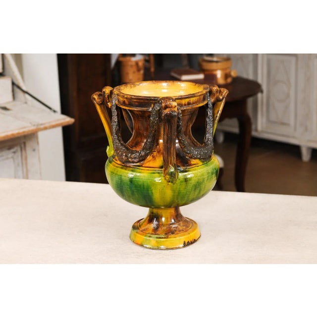 French Classical 19th Century Anduze Multi-Colored Glazed Vase with Swag Motifs For Sale - Image 9 of 12