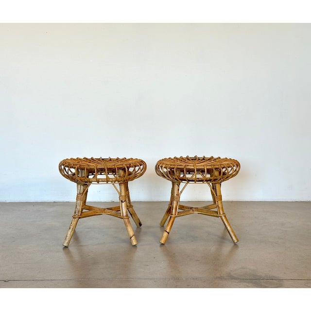 Wood Vintage Rattan and Bamboo Stools, 1970s, Set of 2 For Sale - Image 7 of 7