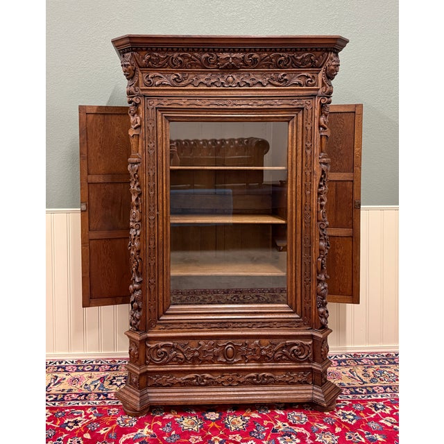 Antique French Renaissance Revival Bookcase Cabinet Side Doors Oak C. 1880s For Sale - Image 10 of 18