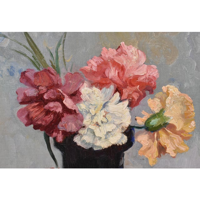 Léon Laurent Galand, Still Life Flowers Vase Carnations, 1920s, Oil on Canvas For Sale - Image 3 of 11