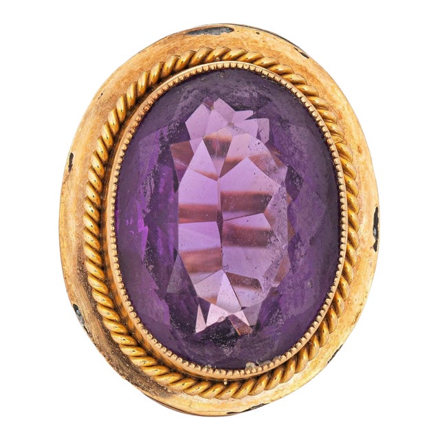 Early 20th Century Vintage Art Deco Ring 12ct Amethyst 10k 14k Yellow Gold Large Oval Cocktail 5 size 5 For Sale