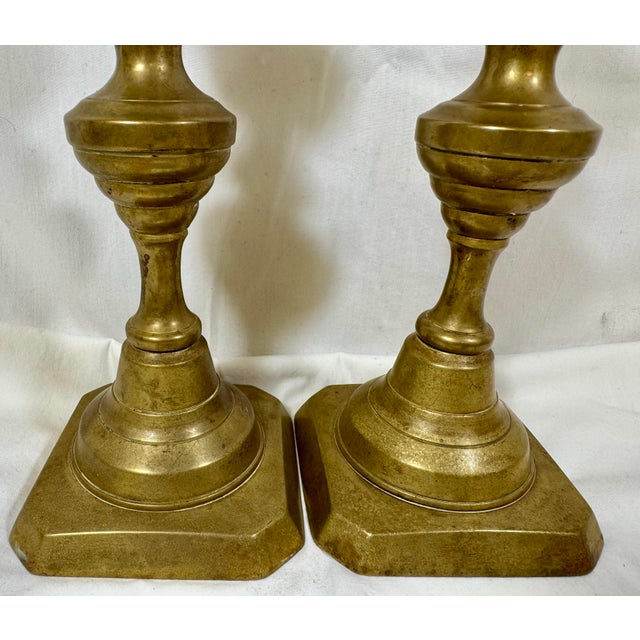 Mid 19th Century Antique Pair of 19th Century Square Based Push-Up Brass Candlesticks From England For Sale - Image 5 of 12