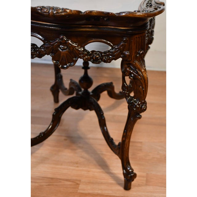 Wood 1920 Antique French Louis XV Walnut Floral Inlay Coffee Table With Glass Tray For Sale - Image 7 of 13