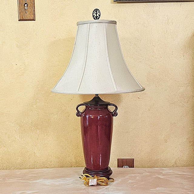 Hollywood Regency Vintage Burgundy Glazed Ceramic Table Lamp With Bell Shade, Circa Late 20th Century For Sale - Image 3 of 18