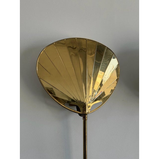 W18 D4.5 H53 TALLER H71 A striking pair of vintage Chapman wall sconces featuring sculptural fan-shaped brass shades with...