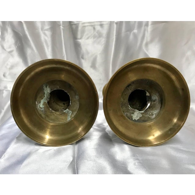 Brass Pair of Brass Taper Candlesticks With Flowers and Griffins For Sale - Image 8 of 9