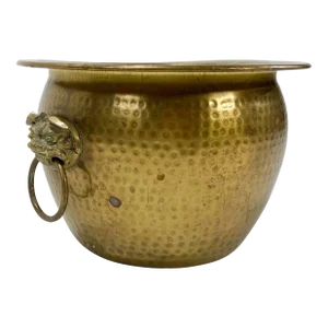Vintage Hammered Brass Planter Cachepot With Foo Dog Handles