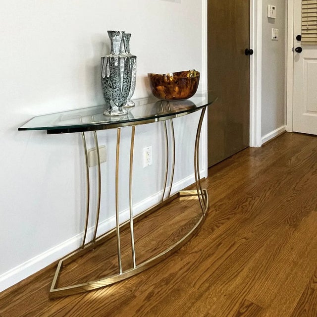 Curved 1970s Gold Brass Colored Sofa Table Console With Glass Top For Sale - Image 6 of 12