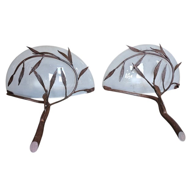 Fantastic pair of iron with glass shades, organic design wall sconces by the Italian Designer Banci Firenze. Glass shades...