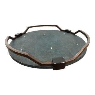 This Is a Luxury Round Decorative Tray by R&y Augousti Featuring a Textured Shagreen Surface Framed by a Sculptural Dark Metal and Wood Trim. 16” For Sale