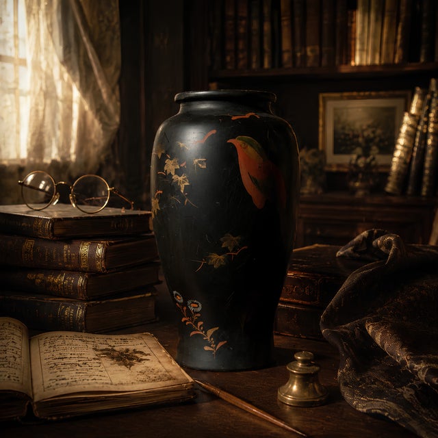Ceramic Vintage Chinoiserie Black Porcelain Baluster Vase With Gilt Leaves and Songbird For Sale - Image 7 of 8