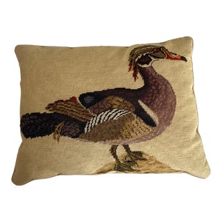 1990s Vintage Needlepoint Pillow of a Regal Wood Duck For Sale