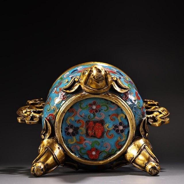 Brass Vintage Chinese Gilt‑Brass Cloisonné Enamel Incense Burner, Dragon Ears Elephant Feet Censer For Sale - Image 8 of 10