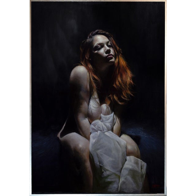 Figurative In The Room Where You Sleep by Daire Lynch | Acrylic, gold leaf oil on canvas of a woman seated in shadow. For Sale - Image 3 of 5