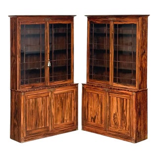 English Two-Tiered Glass Front Bookcases of Figured Wood - Two Available For Sale