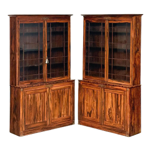 English Two-Tiered Glass Front Bookcases of Figured Wood - Two Available