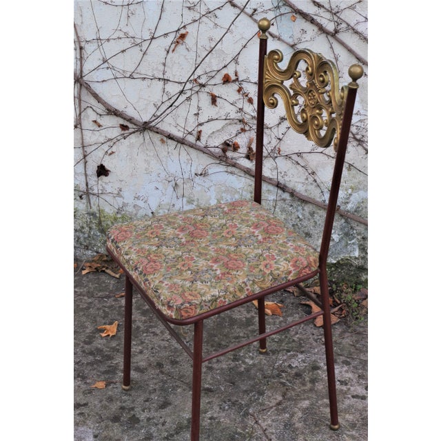 Chair, embroidered, 40s, brass, fabric seat. Damask.